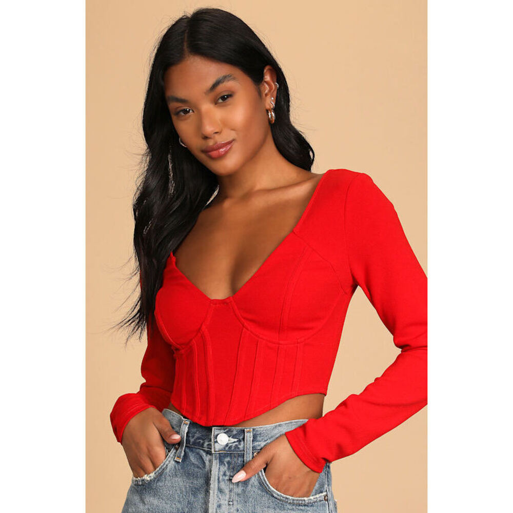 Lulus Got You Impressed Red Long Sleeve Bustier Crop Top - Size S, Never Worn